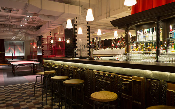 The bar at Bounce Farringdon, London. Interiors designed by Russell Sage Studio Ltd.