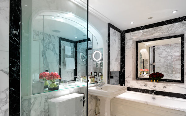 A marble bathroom at The Goring Hotel, London. Interiors designed by Russell Sage Studio Ltd.