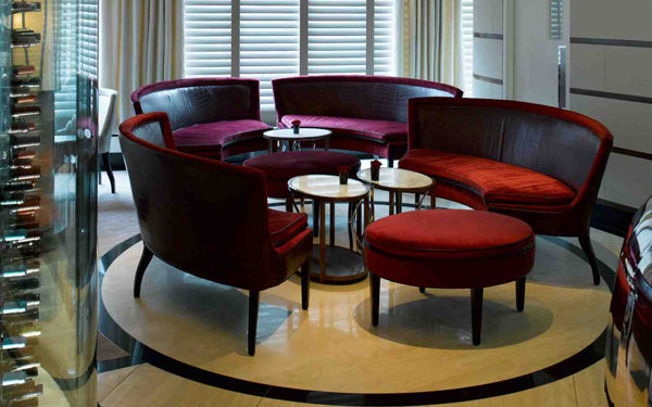 Velvet sofas at Petrus, London. Interiors designed by Russell Sage Studio Ltd.