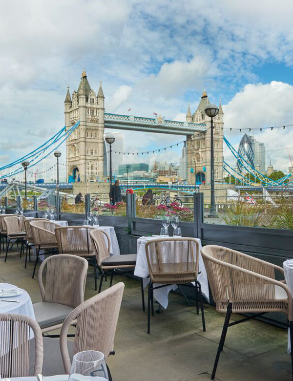 The terrace at Pont de la Tour, London. Interiors designed by Russell Sage Studio Ltd.